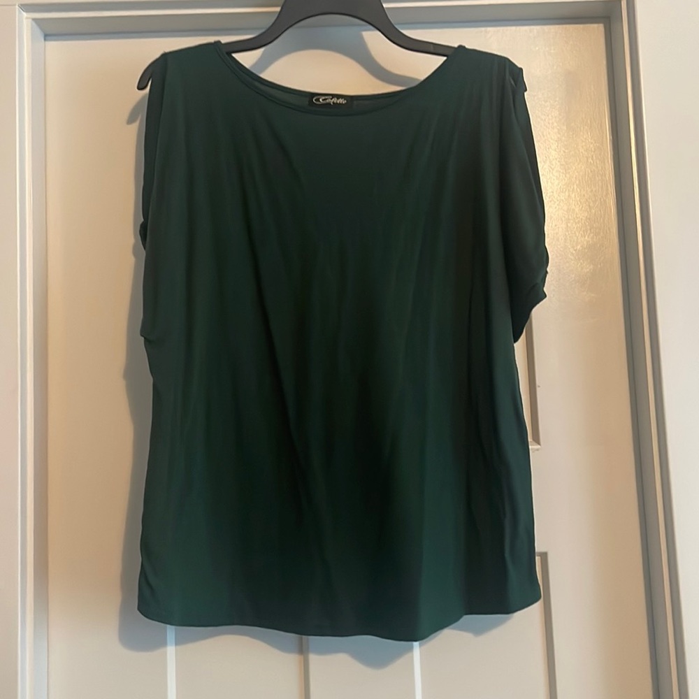 Green polyester cold shoulder tee.  Size M